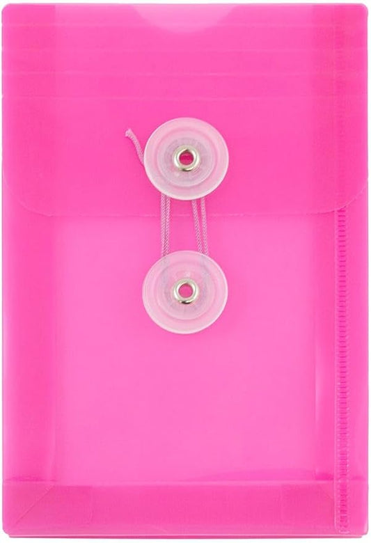 JAM PAPER Plastic Envelopes with Button & String Tie Closure - 4 1/4 x 6 1/4 - Fuchsia Pink - 3/Pack