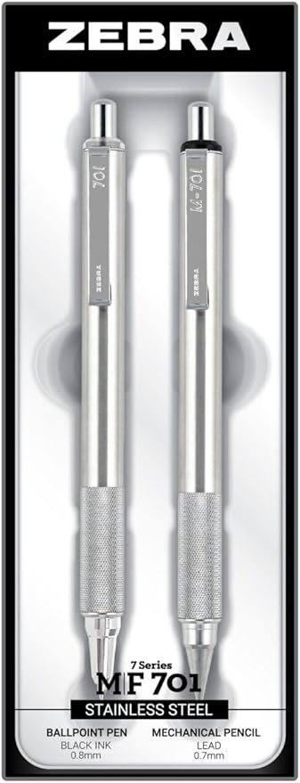 Zebra Pen M/F 701 Stainless Steel Mechanical Pencil and Ballpoint Pen Set, Fine Point, HB Lead and Black Ink, 2-Pack Gift Set (10519)