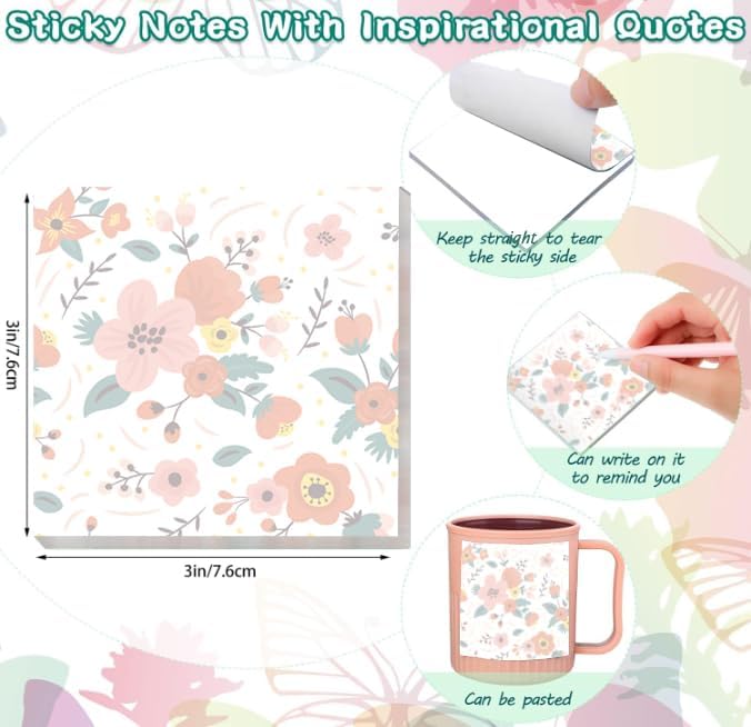 2 Pack Sticky Notes 3x3 Inches, Bright Cute Strong Sticking Power, Easy to Post for Home, Office, 80sheets/Pads, Cute Floral