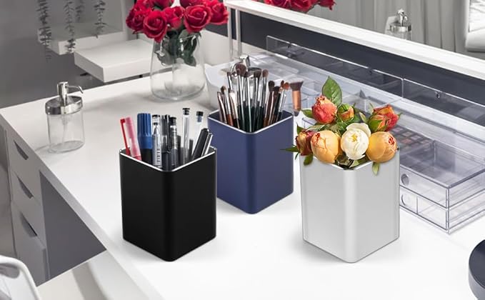 RQB Metal Pen Holder for Desk Square Aluminum Desktop Organizer and Makeup Brush Holder Storage Box for Office, School, Home, and Kids, Non-slip silicone 4×3.15inch (Blue)