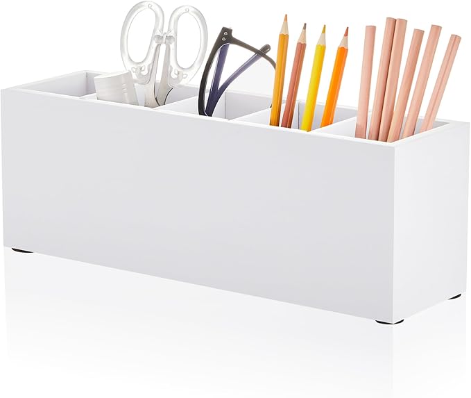Jetec Wooden Pencil Holder 5 Compartments for Desk Adjustable Pen Holder Wood Office Desk Organizers and Accessories Makeup Brush Organizer for Pen, Home, Office and Art Supplies (White)