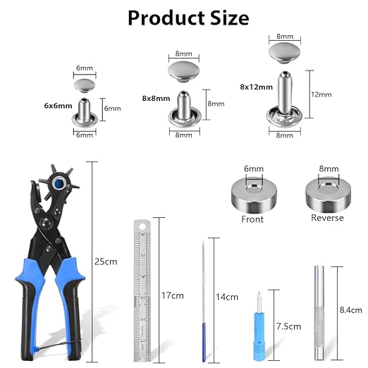Belt Hole Puncher with 240 Sets of Leather Rivets - Updated Hole Sizes Puncher for Belt, Watch Band, Strap, Dog Collar, Saddle, Shoes, Fabric, DIY Home or Craft Project
