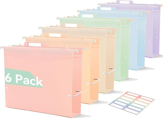 Plastic Hanging File Folders, 2'' Fixed Width, No Support Insert Needed, Heavy Duty File Folders for Filing Cabinet, Insertable Tabs, Letter Size, Pastel Colors - 12 Pack