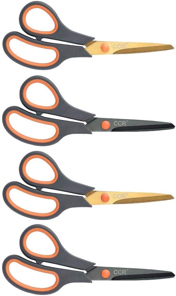 CCR Scissors 8 Inch Soft Comfort-Grip Handles Sharp Titanium Coating Blades, 4-Pack