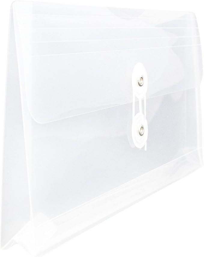 JAM PAPER Plastic Envelopes with Button & String Tie Closure - #10 Business Booklet - 5 1/4 x 10 - Clear - 12/Pack