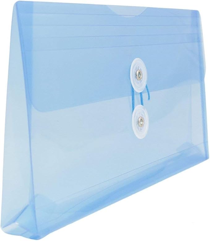 JAM PAPER Plastic Envelopes with Button & String Tie Closure - #10 Business Booklet - 5 1/4 x 10 - Blue - 12/Pack