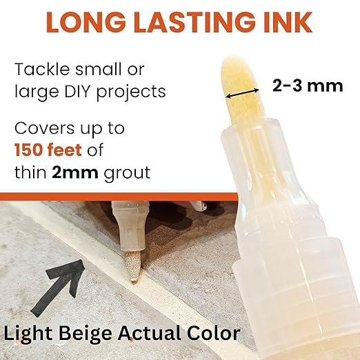 Light Beige Grout Paint Pen – Tile Grout Colorant & Sealer Marker, Quick-Dry, Ideal for Bathroom, Shower, Kitchen Tiles – Restores Grout Lines,3 Adjustable Tips (2-3 mm) 2 Pack