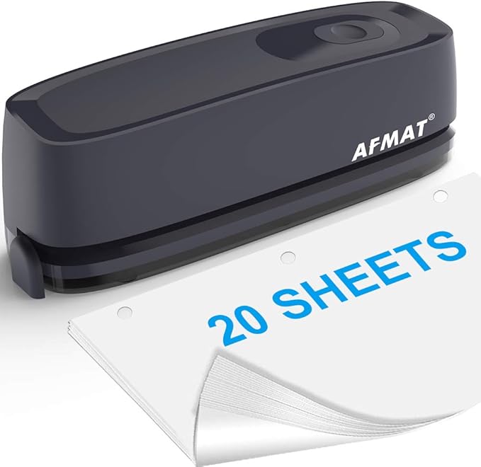 AFMAT HP08 Electric 3 Hole Puncher, 20-Sheet Hole Punch 3 Ring, AC or Battery Operated Three Hole Punch, Effortless Punching, Long Lasting Paper Punch for Office, School, Studio, Gray