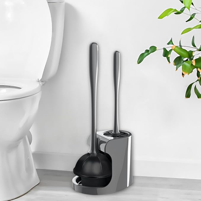 2 in 1 Toilet Brush and Plunger Set - Toilet Brush with Solid Handle, Stand and Holder for Deeply Cleaning in Bathrooms - Plastic Toilet Brush and Holder Set in Grey
