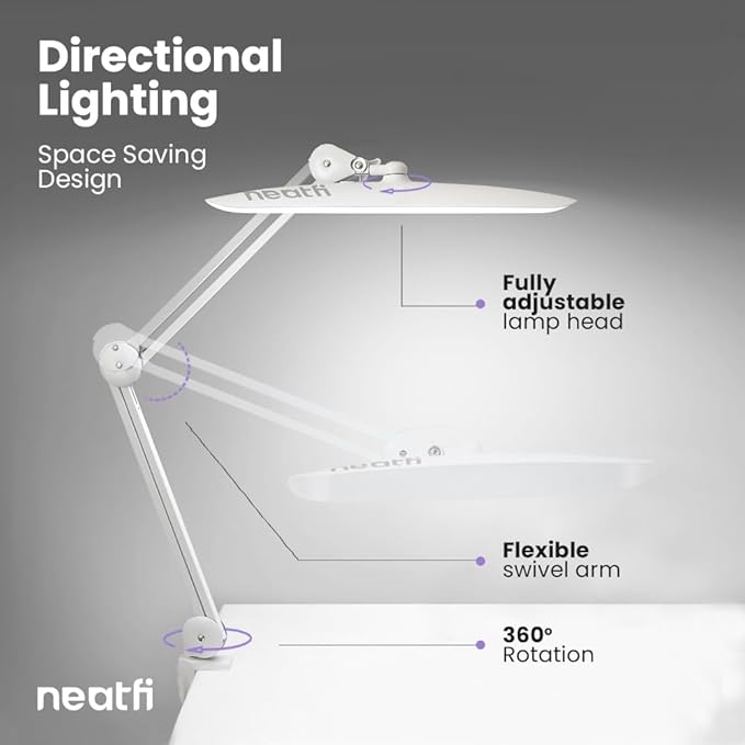 Neatfi XL 2,200 Lumens LED Desk Lamp with Clamp, 24W Bright Architect Task Lamp, 20 Inches Dimmable Computer Light, Adjustable Desk Light for Home, Office, Crafts, Nails & Hobbies (Non-CCT, White)
