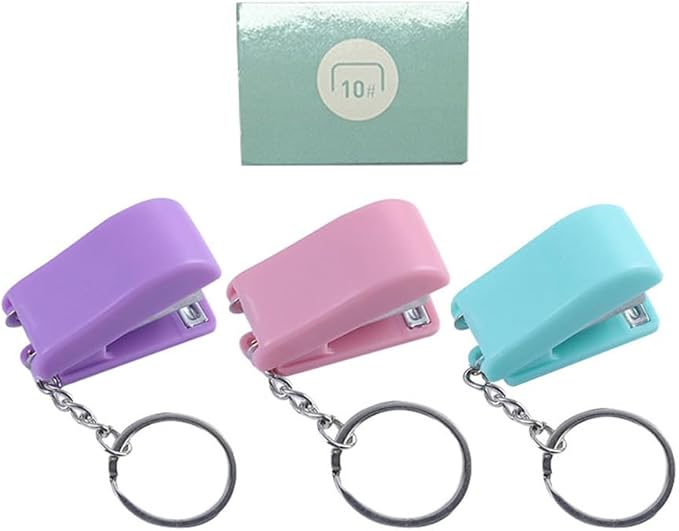 Veemoon Small Stapler with Keychain, 3pcs Portable Mini Stapler with 1 Box Staples Home School Office Supplies DIY Tools (Purple + Green + Pink + Staples)