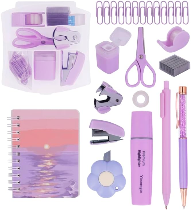 Mini Office Supply Kit Includes Stapler Tape Dispenser Staple Remover Paper Clips Scissor Notebook Highlighter Ballpoint Pen Small Telescopic Knife for Office and School Student (Purple Set)