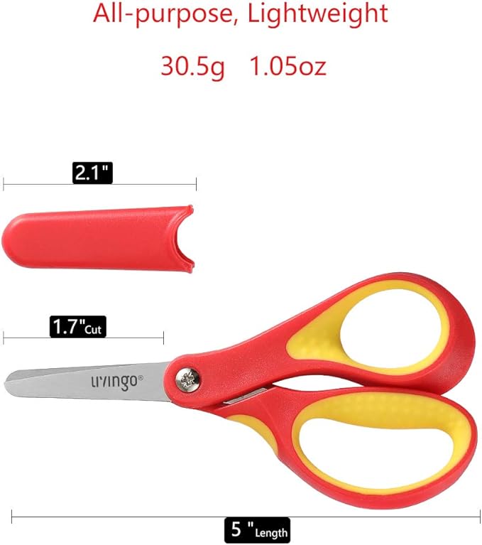 LIVINGO 5" Small School Student Blunt Kids Craft Scissors, Sharp Stainless Steel Blades Safety Comfort Grip for Children Cutting Paper, Assorted Color, 3 Pack