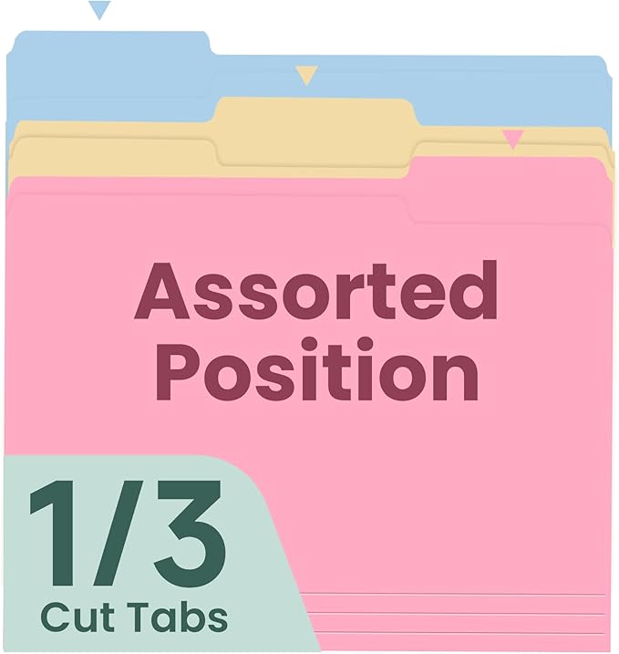 Colored File Folders Letter Size, 60 Pack 6 Colors Manilla Folders 1/3 Cut Tabs, Assorted Pastel Color Office School Buiness Folders for Filing Organization, Paper File Folder Bulk Set