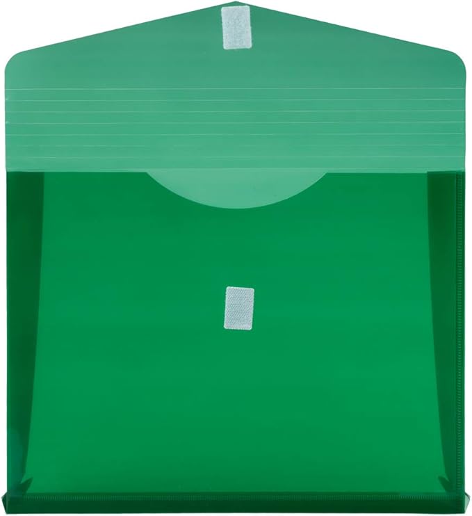JAM PAPER Plastic Expansion Envelopes with Hook & Loop Closure - Letter Booklet - 9 3/4 x 13 with 2 Inch Expansion - Green - 12/Pack