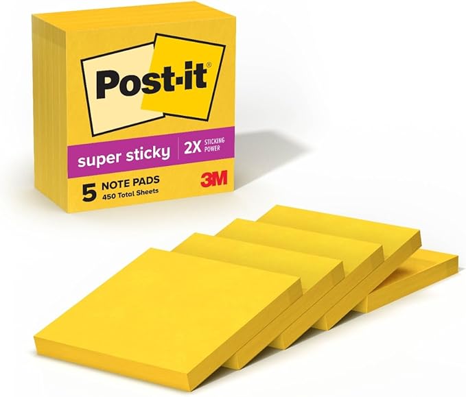 Post-it Super Sticky Notes, 5 Sticky Note Pads, 3 x 3 in., School Supplies, Office Products, Sticky Notes for Vertical Surfaces, Monitors, Walls and Windows, Sunnyside Yellow