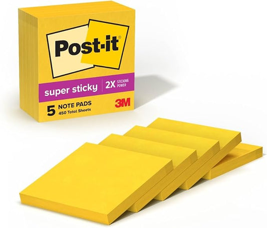 Post-it Super Sticky Notes, 5 Sticky Note Pads, 3 x 3 in., School Supplies, Office Products, Sticky Notes for Vertical Surfaces, Monitors, Walls and Windows, Sunnyside Yellow