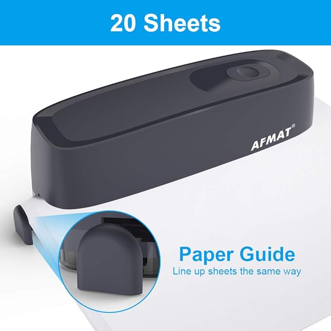 AFMAT HP08 Electric 3 Hole Puncher, 20-Sheet Hole Punch 3 Ring, AC or Battery Operated Three Hole Punch, Effortless Punching, Long Lasting Paper Punch for Office, School, Studio, Gray
