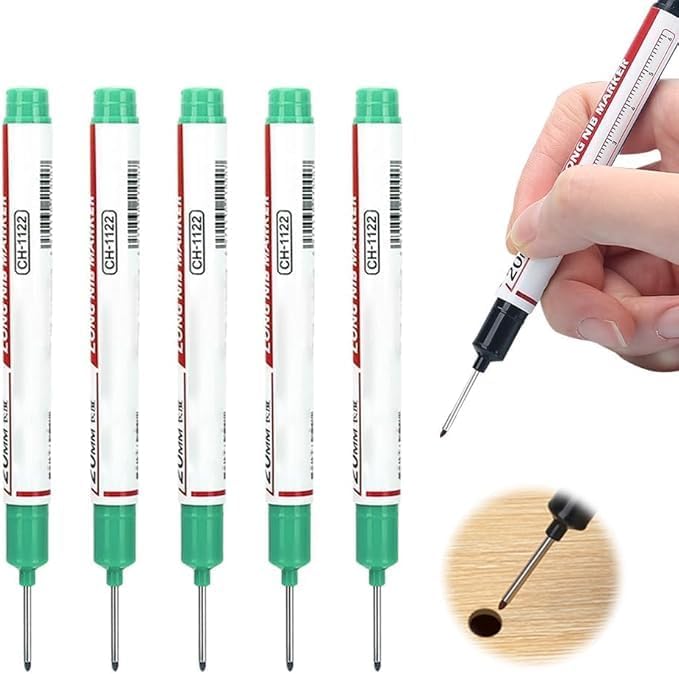 5PCS Long Head Deep Hole Marker Pens, 20mm Deep Reach Long Nose Markers, 45mm Permanent Markers Carpenter Ink Marker Pens, Waterproof Construction Markers Marking Tool, Metal Marking Pen (Green)