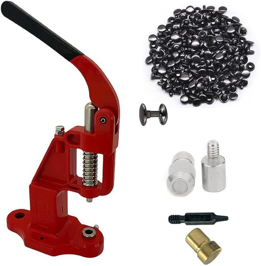 Hobby Trendy Hand Press with 1000 Sets of Iron 9mm Double Capped Rivets with Dies and Hole Punch(Red Press,Black Rivets)