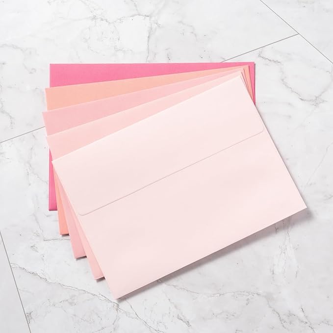 Wishop 50 Pack Pink 5x7 Self-Adhesive Envelopes with Fold Cards 5 Colors for Wedding Invitations and Greeting Cards (Pink 5 Colors, 5x7)