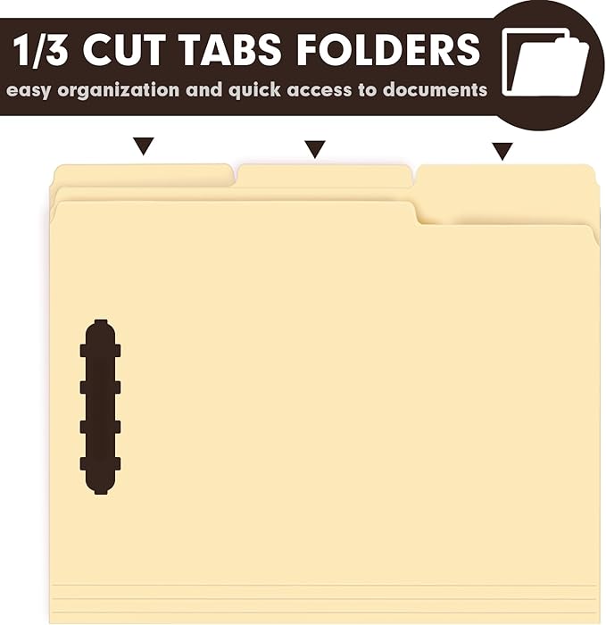 60 Pack Manila File Folders with Reinforced 1/3-Cut Tab and 2 Fasteners for Organizing Medical Files and Office Documents