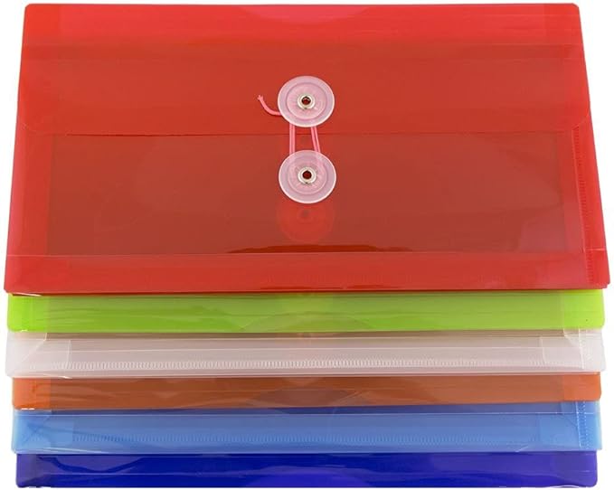 JAM PAPER Plastic Envelopes with Button & String Tie Closure - #10 Business Booklet - 5 1/4 x 10 - Assorted Colors - 6/pack