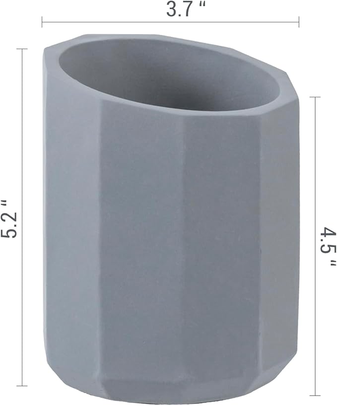MyGift 3.5 Inch Round Modern Geometric Gray Concrete Pen Holder with Angled Top, Faceted Pencil Cup Office Desk Organizer, Vanity Table Makeup Brush Storage