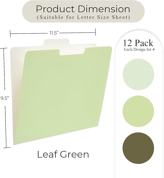Y YOMA 12 Pack Colored File Folders Letter Size Gradient File Folder with 1/3-Cut Tab Cute Pretty Decorative Heavyweight Filing Folder File Organizers for Office School Home Desktop, Leaf Green