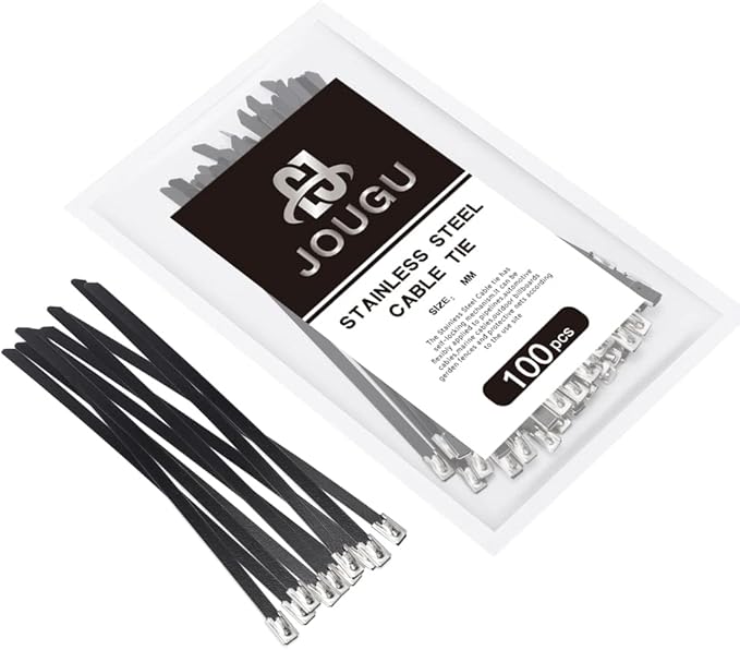 Metal Zip Ties Black 8 inch 304 Stainless Steel Epoxy Coated Locking Cable 220LB 200mm 100pcs Heavy Duty Exhaust Wrap Multi Purpose Binding for machinery, vehicles, farms, cables, pipes,Fence