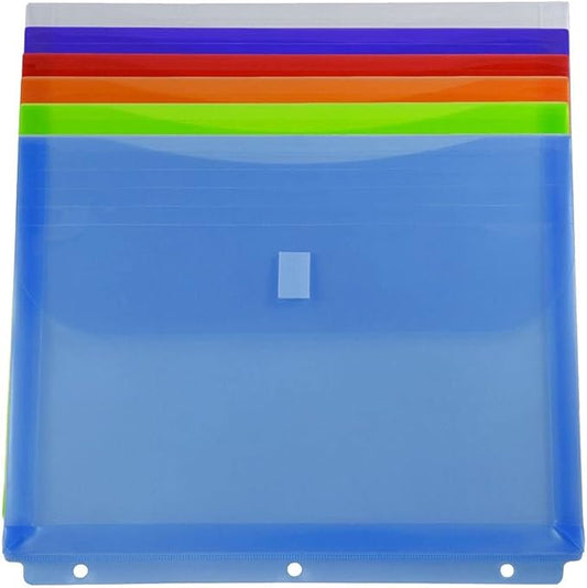JAM PAPER Plastic 3 Hole Punch Binder Envelopes with Hook & Loop - Letter Booklet - 9 1/2 x 11 1/2 with 1 Inch Expansion - Assorted Colors - 6/Pack