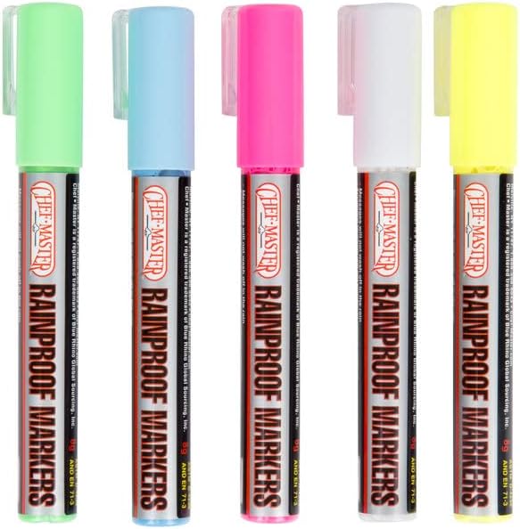 Chef-Master 90032 Waterproof Markers | 5 Different Vibrant Colors | Safe for Use on Outdoor Menu Signs | Smudge-proof & Rainproof Marker Pens | Easily Cleans with a Damp Cloth