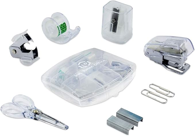 LD Products Clear Mini Office Supply Kit Portable Case with Scissors, Paper Clips, Tape Dispenser, Pencil Sharpener, Stapler & Staple Remover