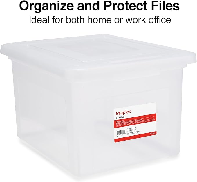 STAPLES Hanging File Folder Box, Storage Bin Organizer, Snap Lid, Letter & Legal Size Documents, Clear