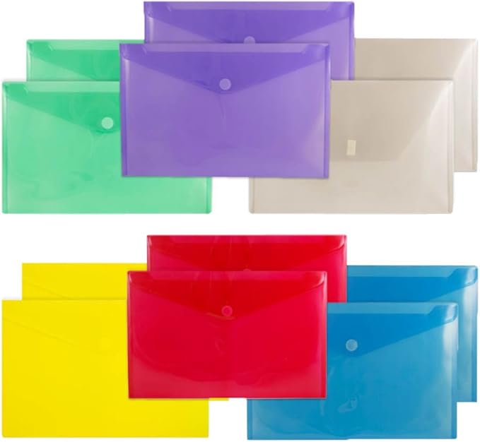 JAM PAPER Plastic Envelopes with Hook & Loop Closure - Legal Booklet - 9 3/4 x 14 1/2 - Assorted Colors - 12/Pack