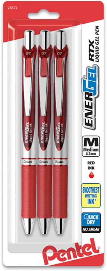 EnerGel RTX Retractable Liquid Gel Pen, (0.7mm) Metal Tip, Medium Line, Red Ink, 3 Pack