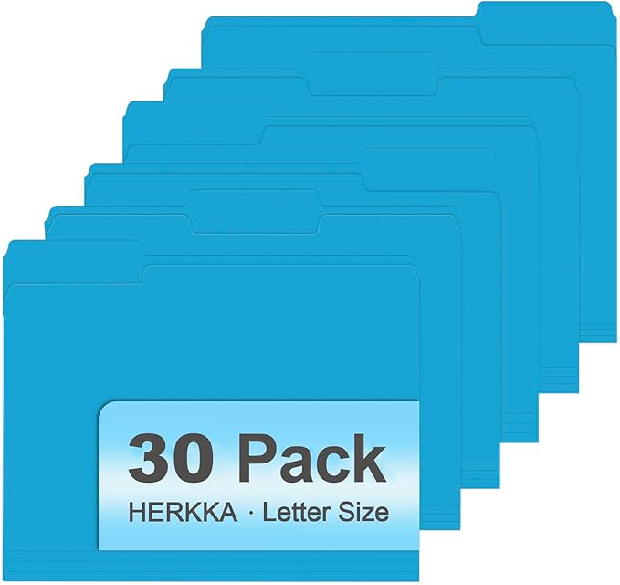 File Folder, HERKKA 30 Pack 1/3 Cut Tab File Folders, File Folders Great for Organizing and Filing, Letter Size, Light Blue