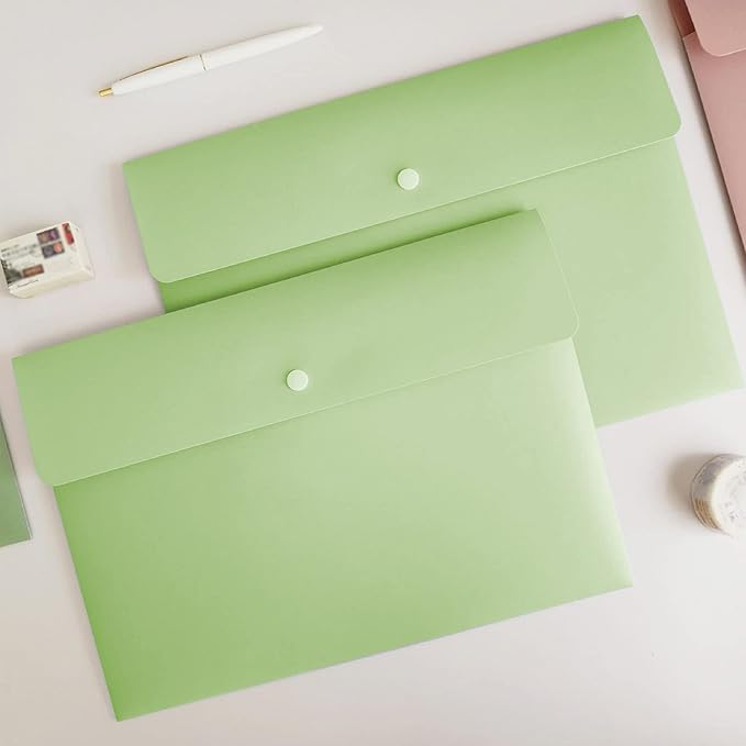 VANRA Poly File Folders Letter Size File Jackets Organizer Plastic Envelope A4 Flat Document Holder with Snap Button Closure (Pastel Green, Pack of 5)