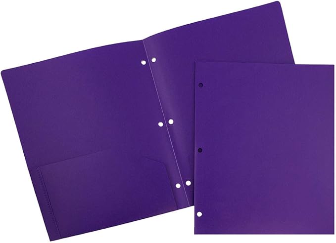 JAM PAPER Heavy Duty Plastic 3 Hole Punch Pocket Folders - Extra Tough School Folders - Purple - 6/Pack