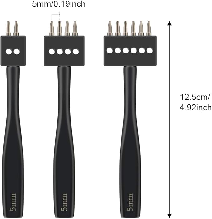 Leather Hole Punch, Prong Punch, Black Hole Punch Tool 5mm, 2/4/6 Lacing Stitching Punch, Round Hole Prong Stitching Chisel Set Leather Working Tools for Leathercraft