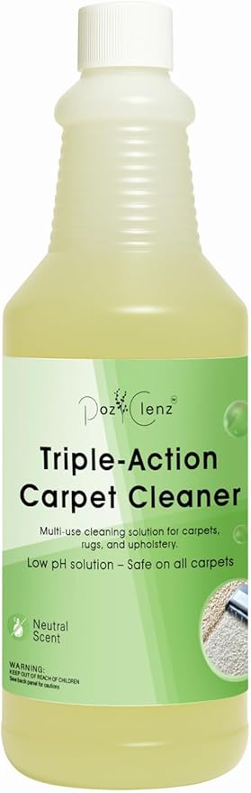 Poz Clenz Triple-Action Carpet Cleaner | Cleans, Deodorizes & Brightens | Concentrated, 1 Quart | Low-Foam Multi-Surface Solution for Use on Carpets, Rugs & Upholstery.