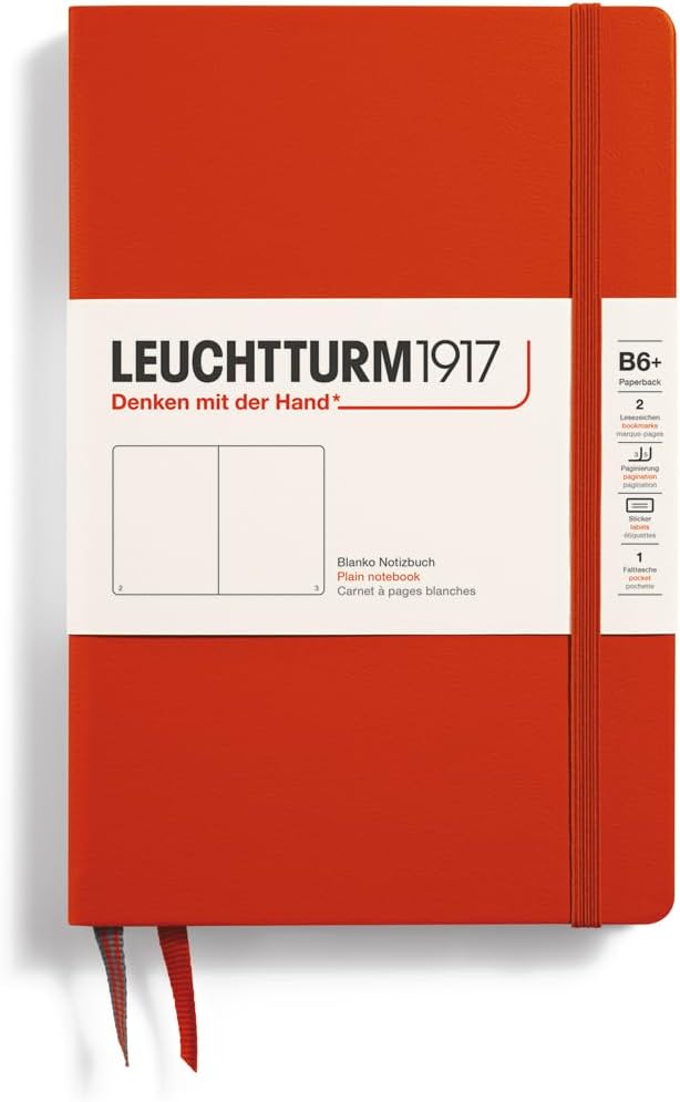 LEUCHTTURM1917 - Notebook Hardcover Paperback B6+ - 219 Numbered Pages for Writing and Journaling (Fox Red, Plain)