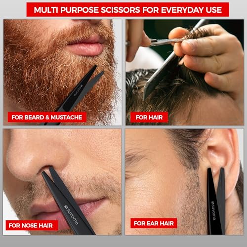 Suvorna Small Scissors with Comb for Beard, Mustache, Facial, Nose, Eyebrow, Ear Hair - Hair Scissors for Cutting, Trimming & Grooming - Made with 5" Stainless Steel for Barber, Professional, HomeUser