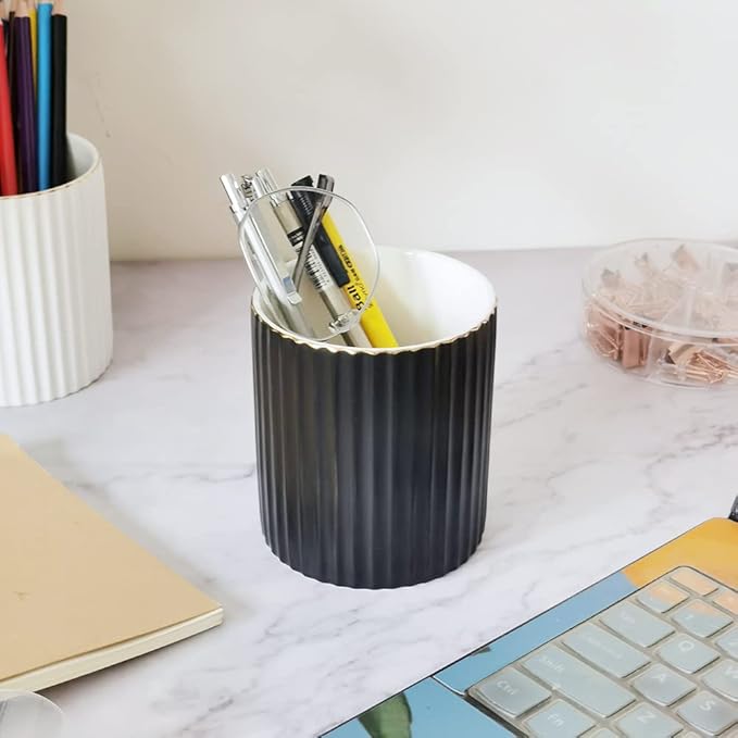 Pen Holder for Desk, Ceramic Pencil Cup Office Desk Organizer, Makeup Brush Holder, Black