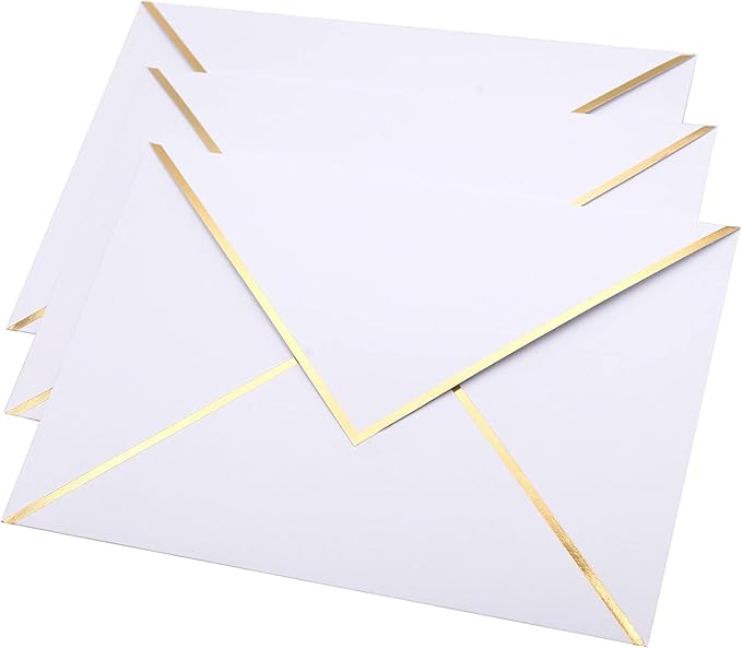 A7 Envelopes - V Flap Foil Border Luxury Mailing Envelopes for 5" x 7" Cards - for Wedding, Invitations, Baby Shower, Photos, Graduation, Birthday, Bridal Shower - 5.25" x 7.25" (White, 50 Pack)