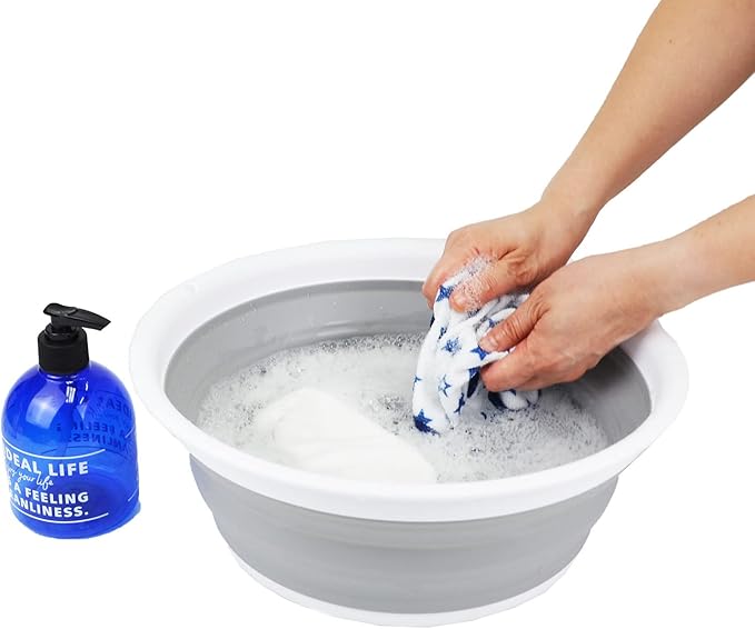 SAMMART 7.5L (1.98 Gallon) Collapsible Tub - Foldable Dish Tub - Portable Washing Basin - Space Saving Plastic Washtub (White/Grey)