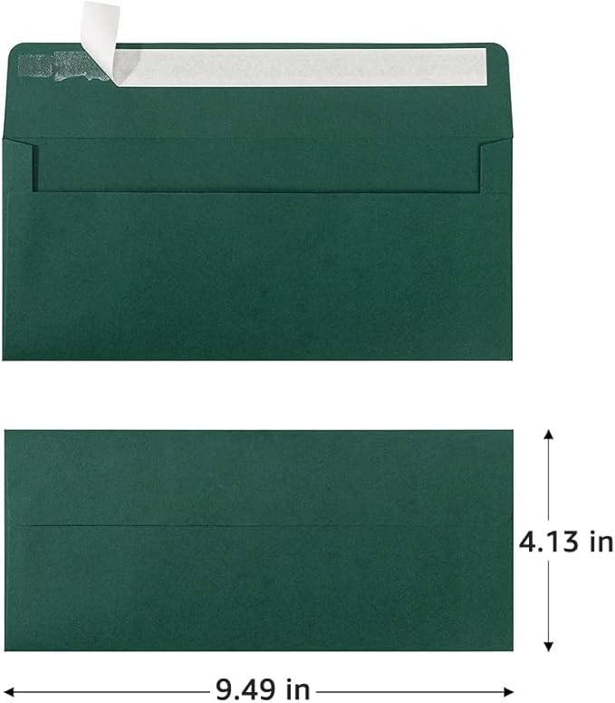 100 Pack Colorful #10 Business Envelopes Self Seal Standard Envelopes for Office Checks, Business, Letter Mailing Invoices, 4.13 x 9.49 Inches (Dark Green)