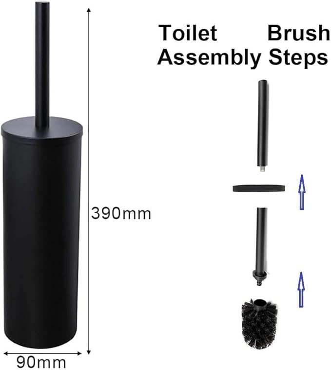 Toilet Brush and Holder Set KWQKEM Stainless Steel Toilet Bowl Cleaners Brush and Holder Free Standing with Lid Bathroom Accessories Brush Head Replaceable Stylish Modern Design (Matte Black)