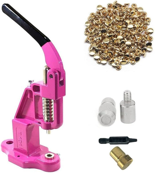 Hobby Trendy Hand Press with 1000 Sets of Iron 9mm Double Capped Rivets with Dies and Hole Punch(Pink Press,Gold Rivets)