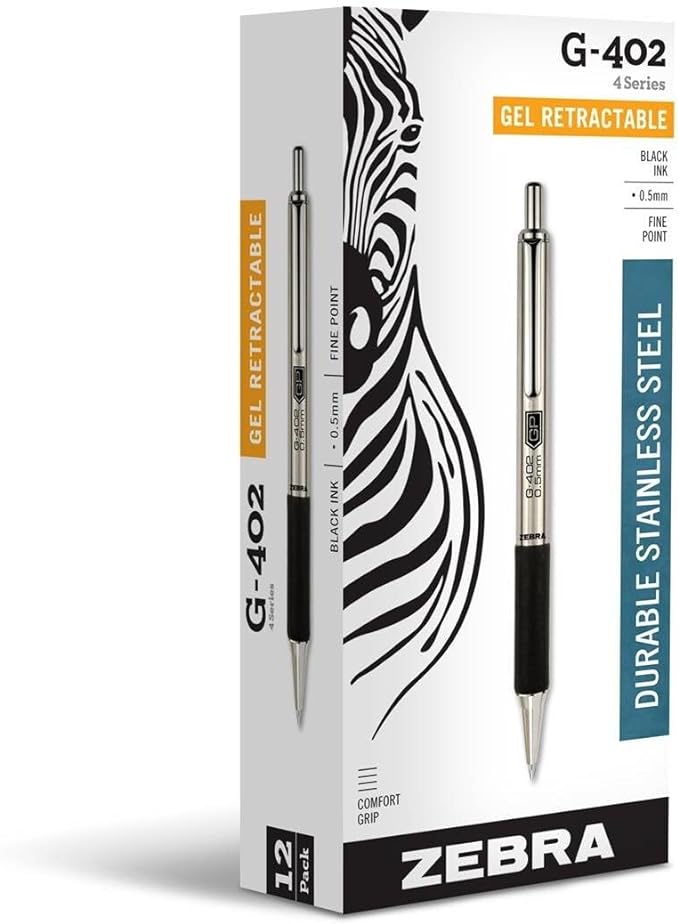 Zebra Pen G-402 Gel Pens 12-Pack, Black Ink, 0.5mm Fine Point, Stainless Steel Barrel, Comfortable Rubberized Grip, Secure Metal Clip, Shirt Pocket-Friendly (49210)